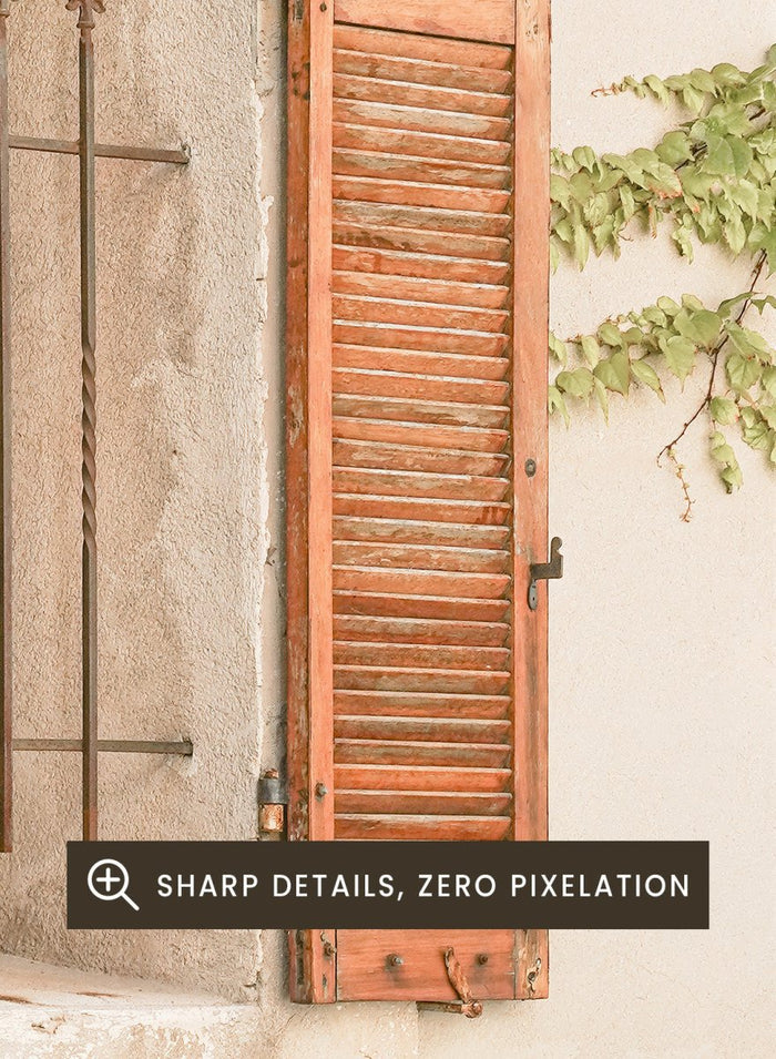 Window with wooden shutters framed by climbing ivy on a light-colored wall. Rustic Window With Ivy by Henrike Schenk is a European photography print featuring historic architecture, blooming flowers, and Mediterranean charm.