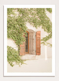 Window with wooden shutters framed by climbing ivy on a light-colored wall. Rustic Window With Ivy by Henrike Schenk is a European photography print featuring historic architecture, blooming flowers, and Mediterranean charm.