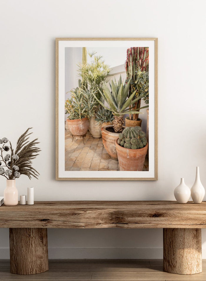 Collection of potted cacti and succulents on a patio. Sunny Desert Plant Garden by Henrike Schenk features cacti, agave, terracotta pots, and Moroccan garden styling in a warm botanical photography print.