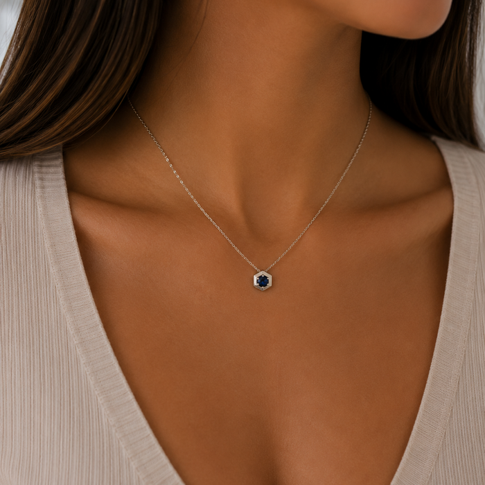 Hexagon Blue Sapphire Pendant Necklace