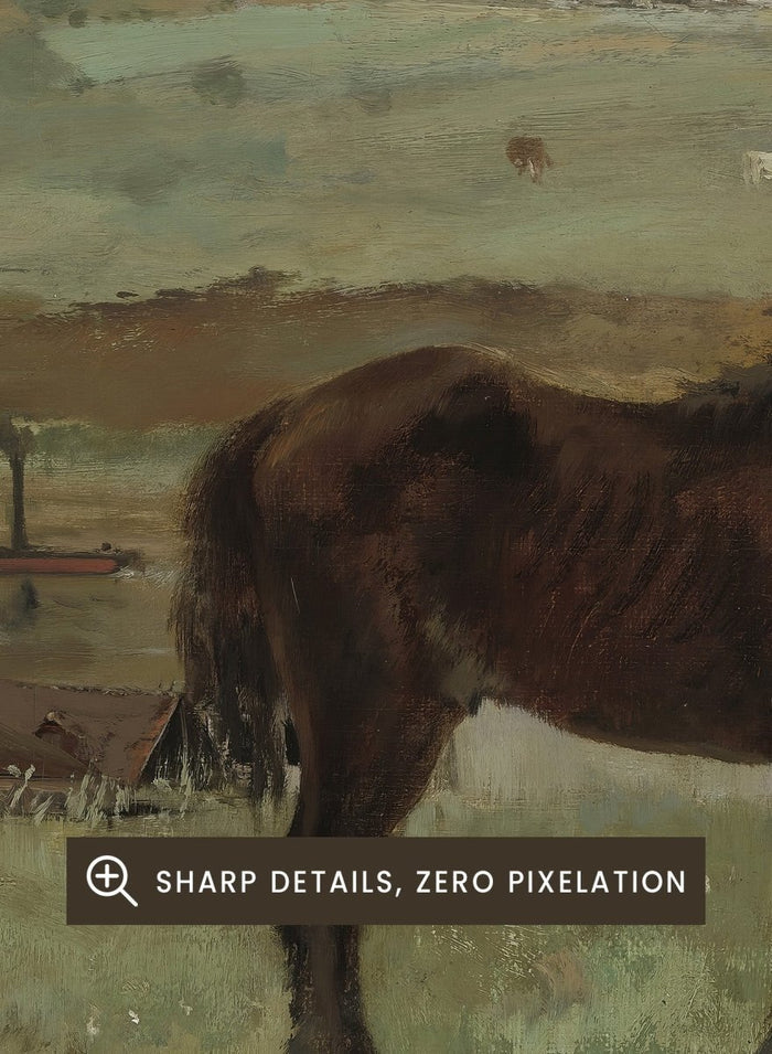 A framed landscape painting depicting two horses in a grassy field, with a muted sky and distant hills. Horses in a Meadow by Edgar Degas is a vintage horse art print featuring two horses standing together in a green field with a river, hills, and distant village.