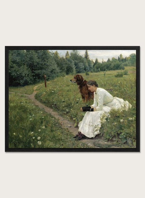 Idyll by Gerhard Munthe is a vintage Norwegian landscape print featuring a woman in a white dress resting with her dog in a green summer meadow.