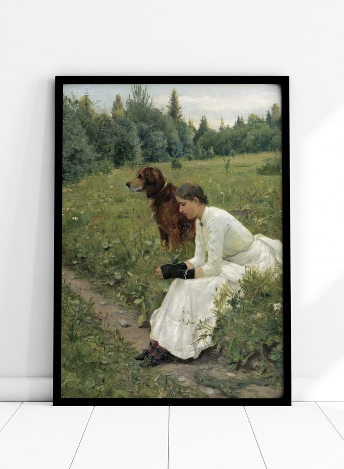 Idyll by Gerhard Munthe is a vintage Norwegian landscape print featuring a woman in a white dress resting with her dog in a green summer meadow.