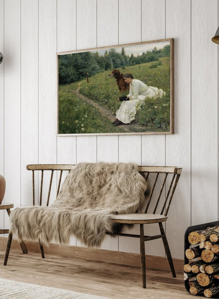 Idyll by Gerhard Munthe is a vintage Norwegian landscape print featuring a woman in a white dress resting with her dog in a green summer meadow.