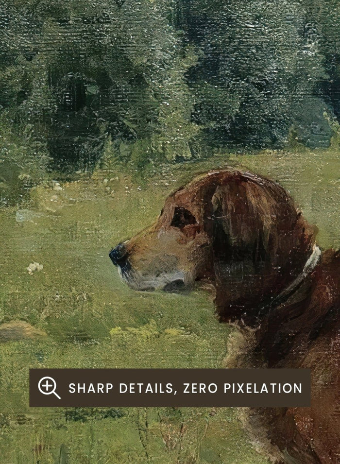 Idyll by Gerhard Munthe is a vintage Norwegian landscape print featuring a woman in a white dress resting with her dog in a green summer meadow.