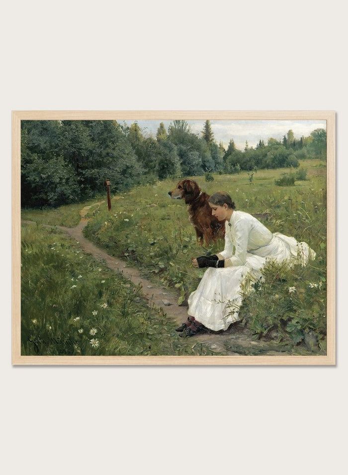 Idyll by Gerhard Munthe is a vintage Norwegian landscape print featuring a woman in a white dress resting with her dog in a green summer meadow.