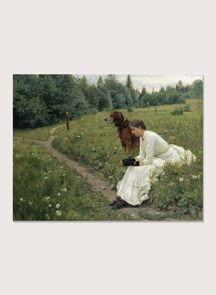 Idyll by Gerhard Munthe is a vintage Norwegian landscape print featuring a woman in a white dress resting with her dog in a green summer meadow.