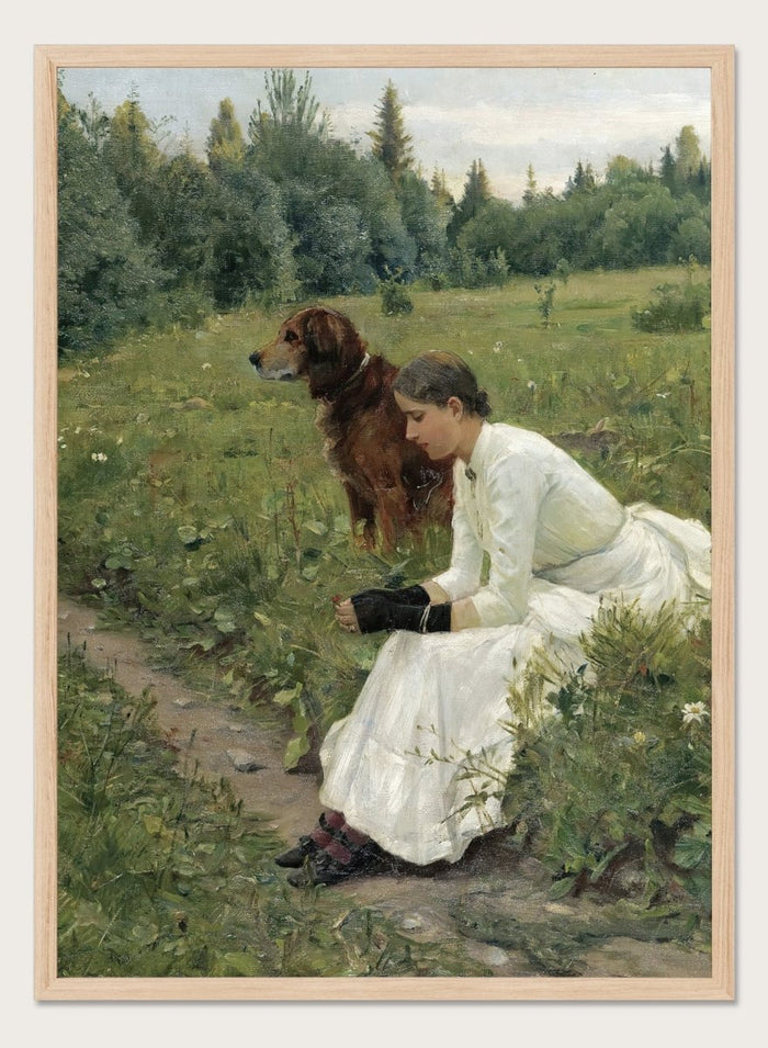 Idyll by Gerhard Munthe is a vintage Norwegian landscape print featuring a woman in a white dress resting with her dog in a green summer meadow.