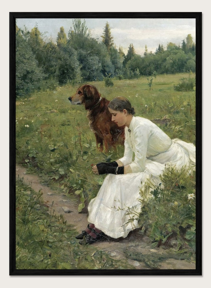 Idyll by Gerhard Munthe is a vintage Norwegian landscape print featuring a woman in a white dress resting with her dog in a green summer meadow.