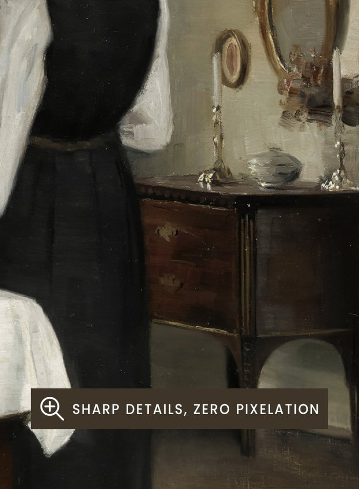 Woman in a black dress standing in a room with a table and mirror. In the Dining Room by Carl Holsøe is a vintage Danish interior art print featuring a woman in a softly lit dining room with muted tones and classic Scandinavian style.