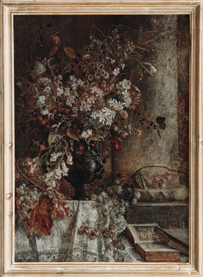 Marie Egner fine art print Indian Summer featuring warm fall florals, earthy tones, detailed bouquet still life painting in a vintage floral wall poster.