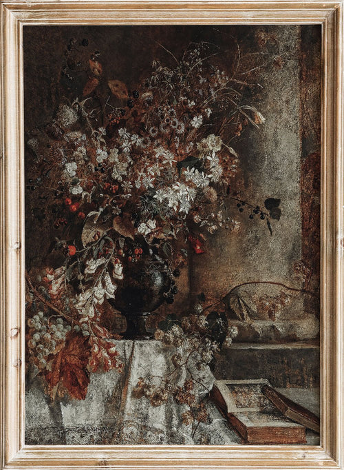 Marie Egner fine art print Indian Summer featuring warm fall florals, earthy tones, detailed bouquet still life painting in a vintage floral wall poster.