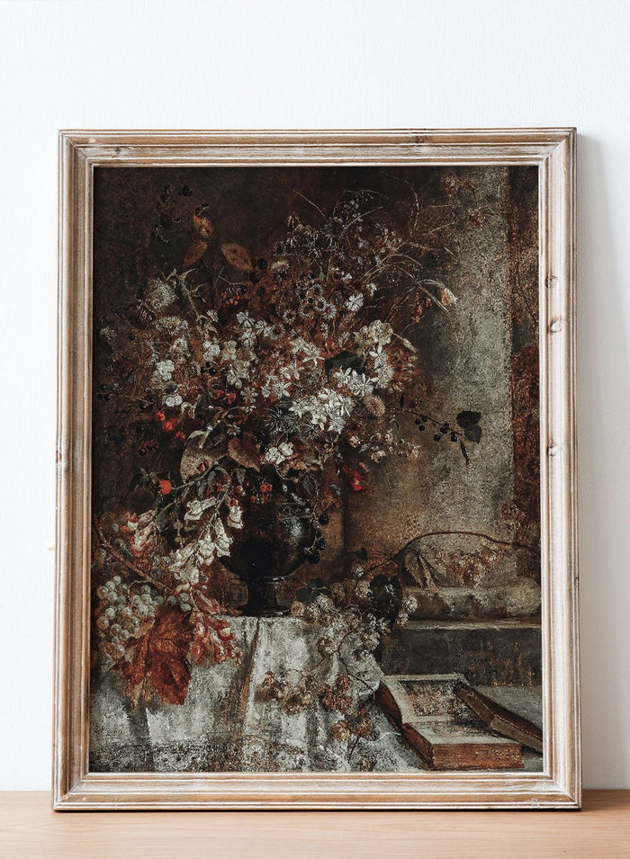 Marie Egner fine art print Indian Summer featuring warm fall florals, earthy tones, detailed bouquet still life painting in a vintage floral wall poster.