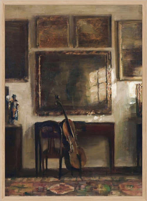Painting of a room interior with a guitar, chair, and framed pictures. Interior with a Cello by Carl Holsøe is a vintage Danish interior art print featuring a cello, Scandinavian interiors, muted tones, and classic European home decor.
