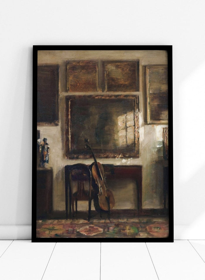 Painting of a room interior with a guitar, chair, and framed pictures. Interior with a Cello by Carl Holsøe is a vintage Danish interior art print featuring a cello, Scandinavian interiors, muted tones, and classic European home decor.