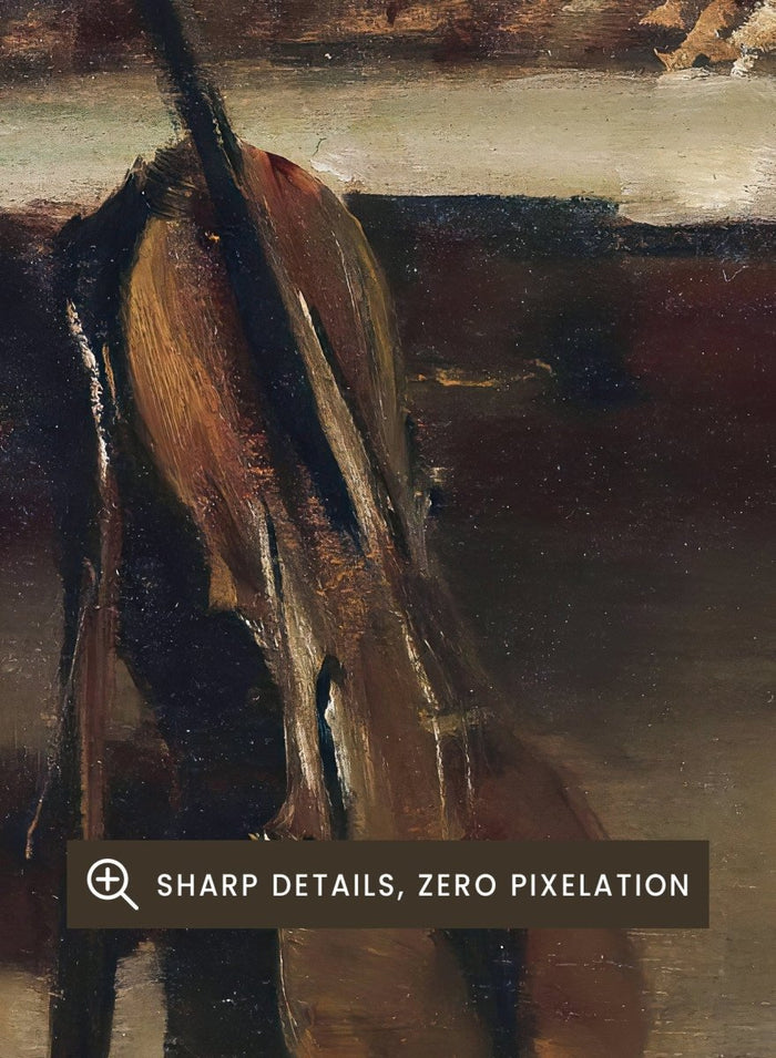 Painting of a room interior with a guitar, chair, and framed pictures. Interior with a Cello by Carl Holsøe is a vintage Danish interior art print featuring a cello, Scandinavian interiors, muted tones, and classic European home decor.