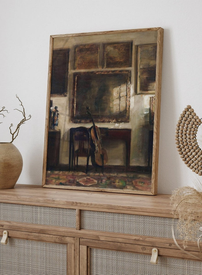 Painting of a room interior with a guitar, chair, and framed pictures. Interior with a Cello by Carl Holsøe is a vintage Danish interior art print featuring a cello, Scandinavian interiors, muted tones, and classic European home decor.