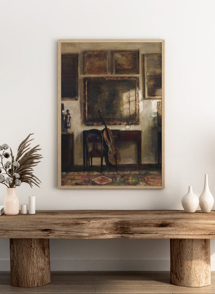 Painting of a room interior with a guitar, chair, and framed pictures. Interior with a Cello by Carl Holsøe is a vintage Danish interior art print featuring a cello, Scandinavian interiors, muted tones, and classic European home decor.