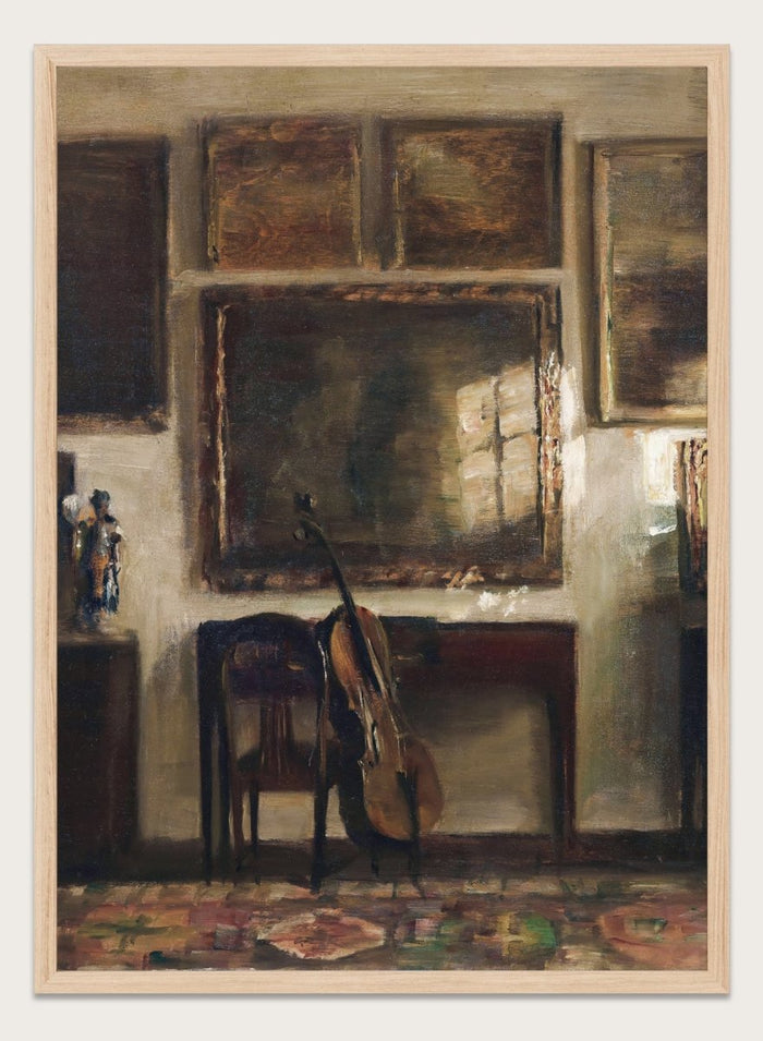Painting of a room interior with a guitar, chair, and framed pictures. Interior with a Cello by Carl Holsøe is a vintage Danish interior art print featuring a cello, Scandinavian interiors, muted tones, and classic European home decor.