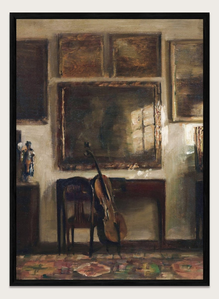 Painting of a room interior with a guitar, chair, and framed pictures. Interior with a Cello by Carl Holsøe is a vintage Danish interior art print featuring a cello, Scandinavian interiors, muted tones, and classic European home decor.