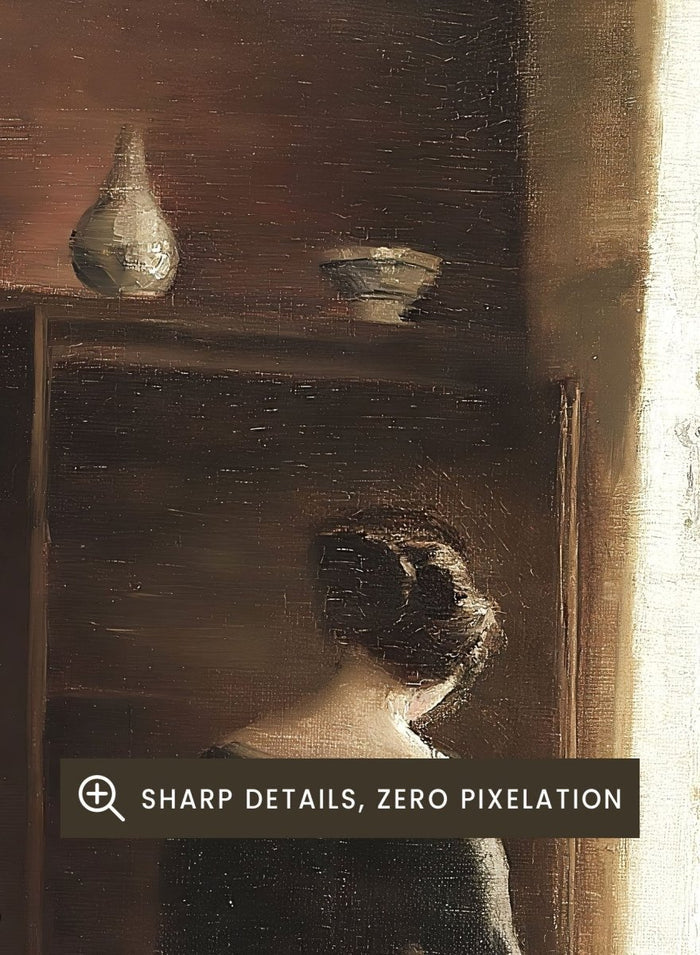 Painting of a woman standing in a sunlit room with a large mirror. Interior with a Young Girl Standing by the Window by Carl Holsøe is a vintage Danish interior art print featuring Scandinavian interiors, muted tones, and a woman by a window.