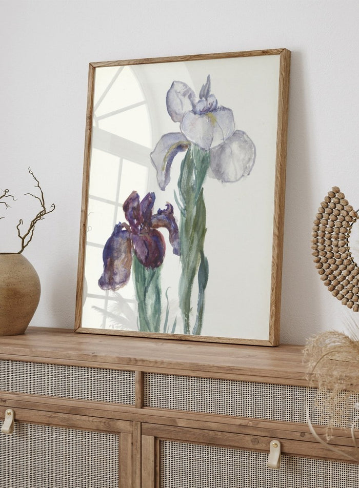 Irises by Sientje Mesdag-van Houten is a vintage botanical watercolor print of purple and white iris flowers, a soft floral piece for wall art and home decor.