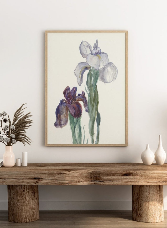 Irises by Sientje Mesdag-van Houten is a vintage botanical watercolor print of purple and white iris flowers, a soft floral piece for wall art and home decor.