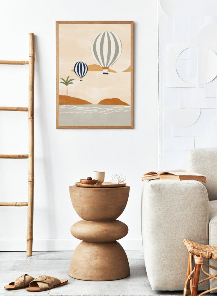 Air Balloons in Desert by Ivy Green is a modern landscape art print featuring hot air balloons over a calm desert scene. Premium fine art print with optional wood framing.