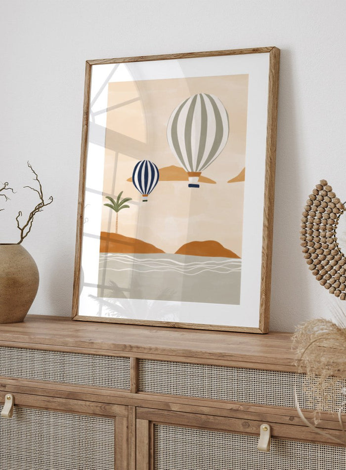 Air Balloons in Desert by Ivy Green is a modern landscape art print featuring hot air balloons over a calm desert scene. Premium fine art print with optional wood framing.