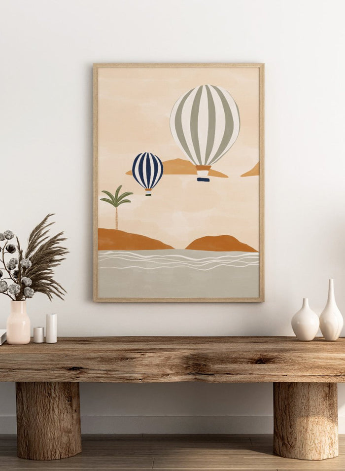 Air Balloons in Desert by Ivy Green is a modern landscape art print featuring hot air balloons over a calm desert scene. Premium fine art print with optional wood framing.