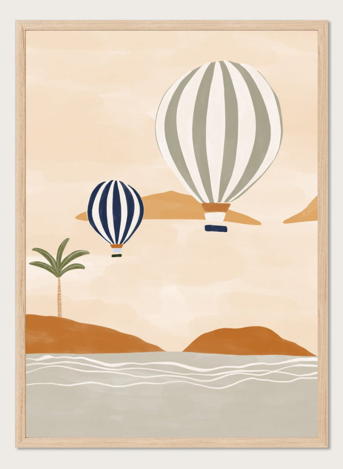 Air Balloons in Desert by Ivy Green is a modern landscape art print featuring hot air balloons over a calm desert scene. Premium fine art print with optional wood framing.