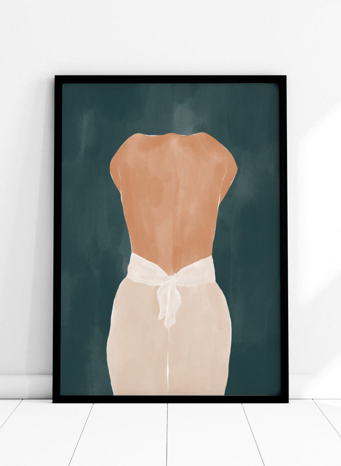 Backside by Ivy Green is a modern female figure art print with rich green tones and minimal style. Premium fine art print with optional wood framing.