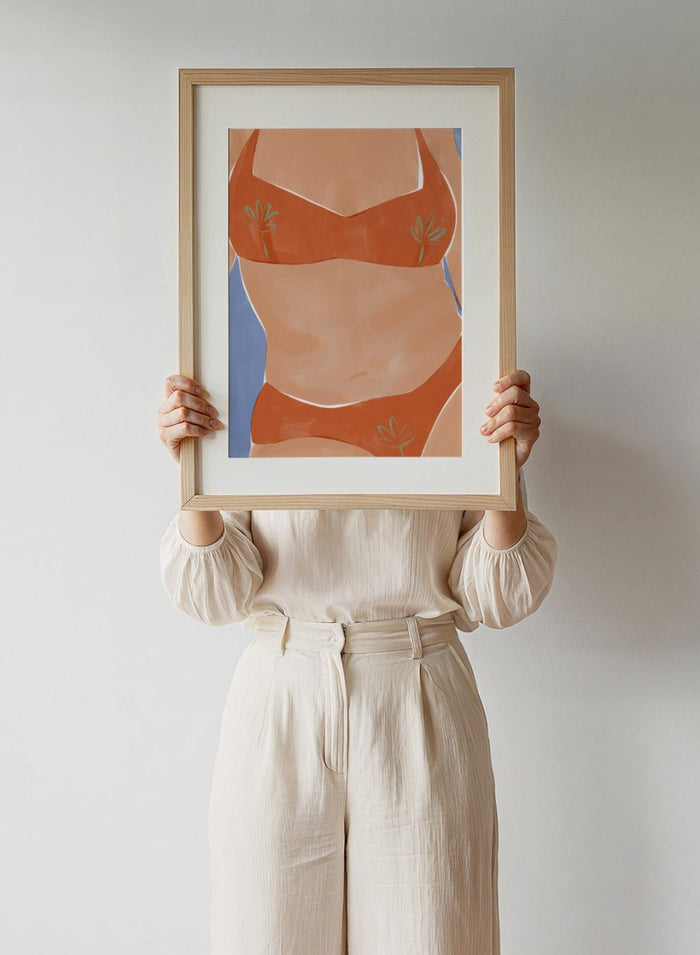 Bikini Babe by Ivy Green is a modern illustration art print featuring a confident bikini figure and warm summer tones. Premium fine art print with optional wood framing.