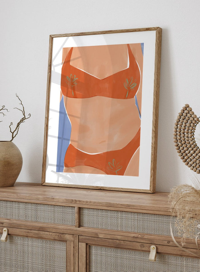 Bikini Babe by Ivy Green is a modern illustration art print featuring a confident bikini figure and warm summer tones. Premium fine art print with optional wood framing.