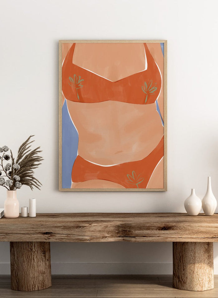 Bikini Babe by Ivy Green is a modern illustration art print featuring a confident bikini figure and warm summer tones. Premium fine art print with optional wood framing.