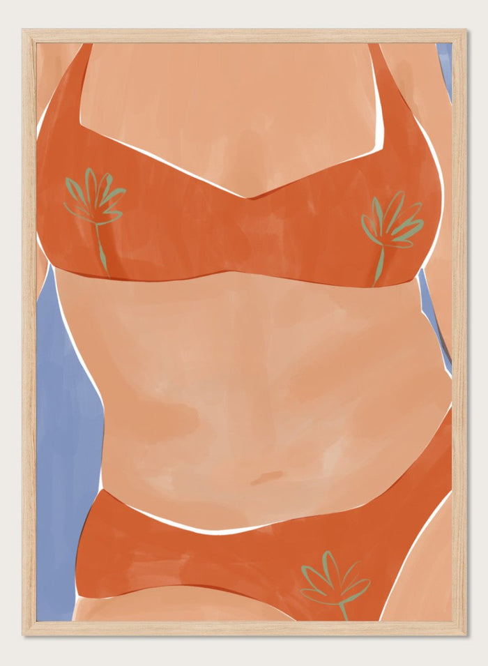 Bikini Babe by Ivy Green is a modern illustration art print featuring a confident bikini figure and warm summer tones. Premium fine art print with optional wood framing.