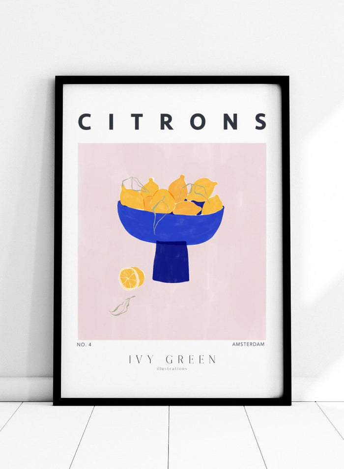 Illustration of lemons in a blue bowl on a pink background with 'Citrons' text and 'Ivy Green' branding. Citrons by Ivy Green lemon art print featuring bowl of lemons illustration, modern fruit poster design, and colorful contemporary kitchen wall art.