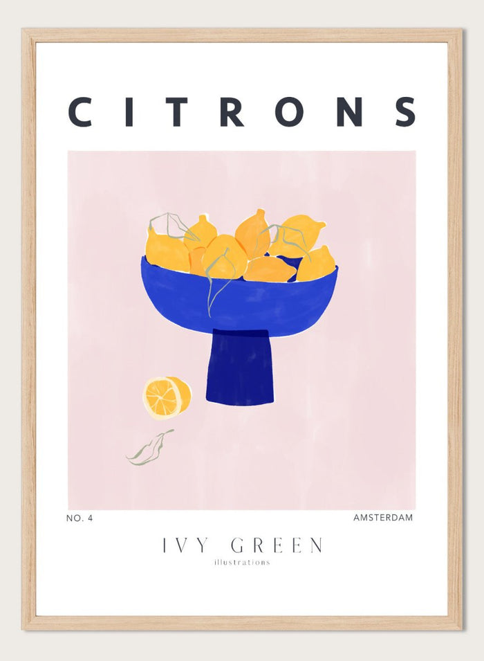 Illustration of lemons in a blue bowl on a pink background with 'Citrons' text and 'Ivy Green' branding. Citrons by Ivy Green lemon art print featuring bowl of lemons illustration, modern fruit poster design, and colorful contemporary kitchen wall art.
