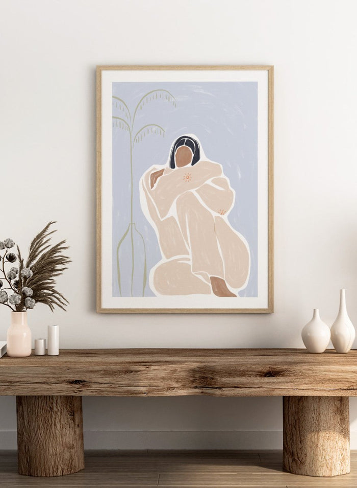 Cuddling Myself by Ivy Green is a modern female figure art print about self-care and comfort. Premium fine art print with optional wood framing.