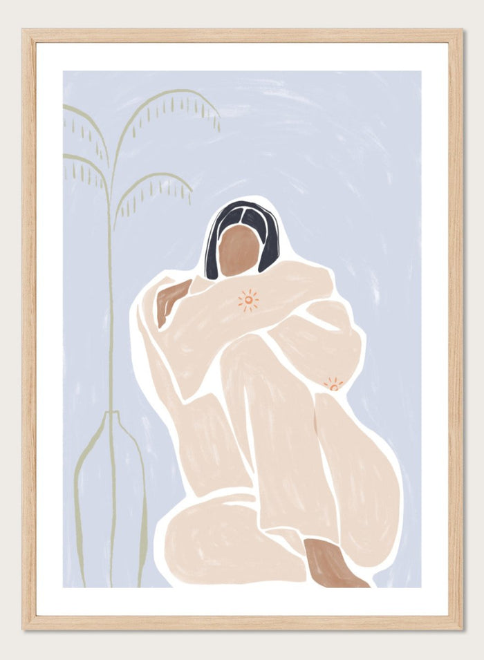 Cuddling Myself by Ivy Green is a modern female figure art print about self-care and comfort. Premium fine art print with optional wood framing.
