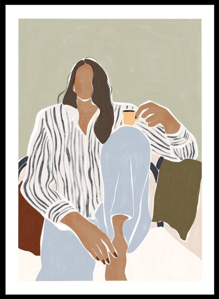 Enjoying a Cup of Espresso by Ivy Green is a modern illustration art print featuring a relaxed woman with coffee. Premium fine art print with optional wood framing.