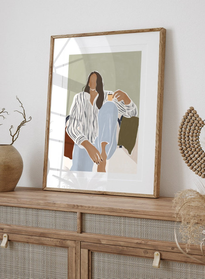 Enjoying a Cup of Espresso by Ivy Green is a modern illustration art print featuring a relaxed woman with coffee. Premium fine art print with optional wood framing.