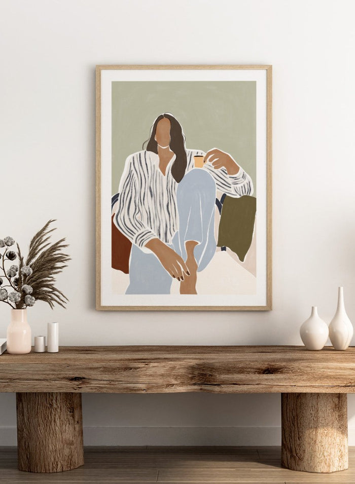 Enjoying a Cup of Espresso by Ivy Green is a modern illustration art print featuring a relaxed woman with coffee. Premium fine art print with optional wood framing.