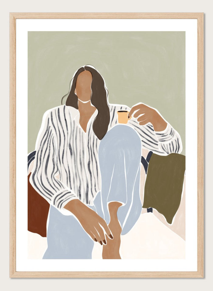Enjoying a Cup of Espresso by Ivy Green is a modern illustration art print featuring a relaxed woman with coffee. Premium fine art print with optional wood framing.