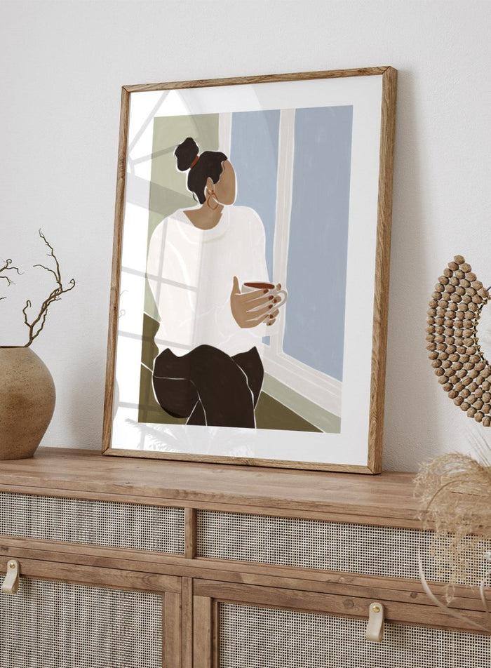 Enjoying a Cup of Tea by Ivy Green is a calm modern figure art print celebrating slow moments and everyday rituals. Premium fine art print with optional wood framing.
