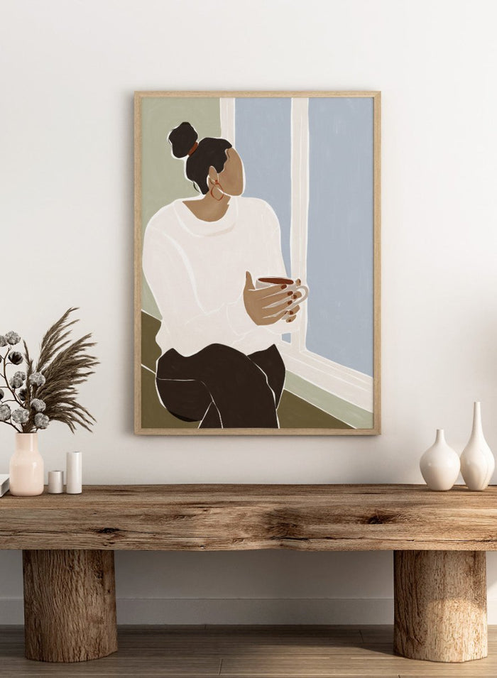 Enjoying a Cup of Tea by Ivy Green is a calm modern figure art print celebrating slow moments and everyday rituals. Premium fine art print with optional wood framing.