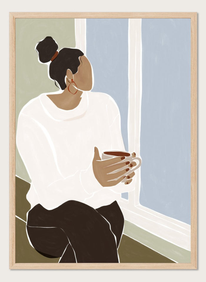 Enjoying a Cup of Tea by Ivy Green is a calm modern figure art print celebrating slow moments and everyday rituals. Premium fine art print with optional wood framing.