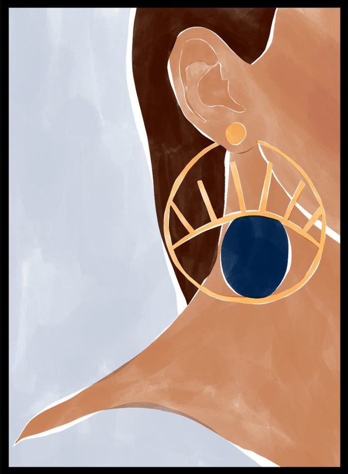 Evil Eye Earring by Ivy Green is a modern illustration art print featuring a bold evil eye earring and minimalist portrait style. Premium fine art print with optional wood framing.