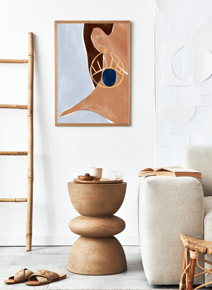 Evil Eye Earring by Ivy Green is a modern illustration art print featuring a bold evil eye earring and minimalist portrait style. Premium fine art print with optional wood framing.