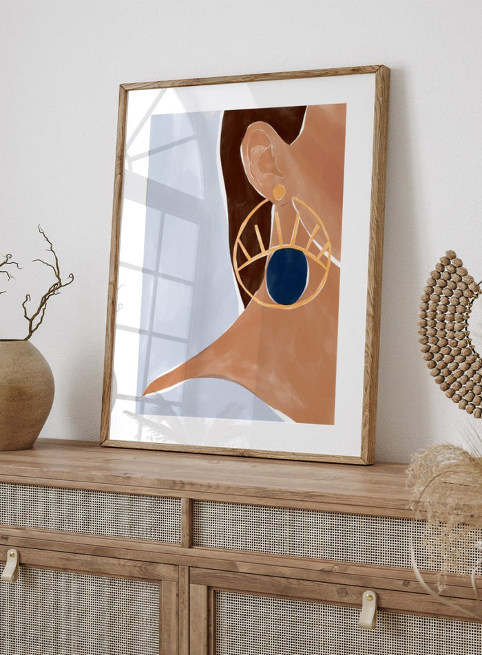 Evil Eye Earring by Ivy Green is a modern illustration art print featuring a bold evil eye earring and minimalist portrait style. Premium fine art print with optional wood framing.